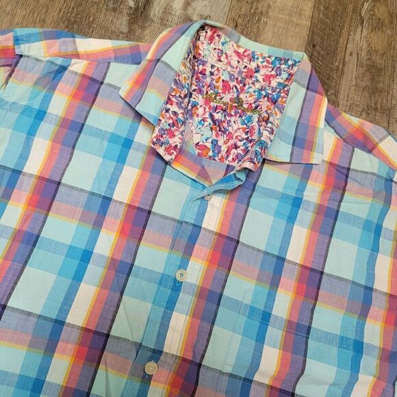 Alan Flusser - Men's Large - Short Sleeve Multicolor Plaid Button Front Shirt - Picture 1 of 6